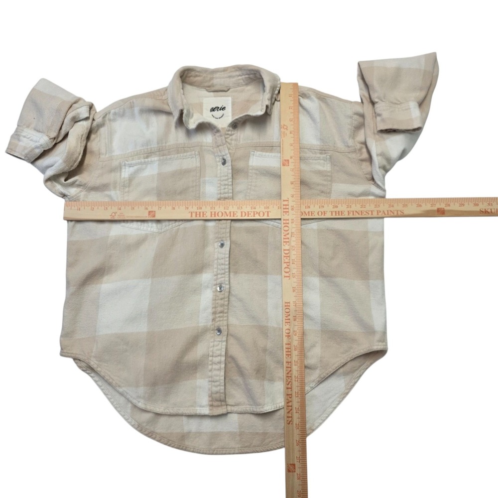 Aerie Womens XXS Tan‎ Cream Plaid Flannel Shirt Long Sleeve Button Up Top - Picture 5 of 6